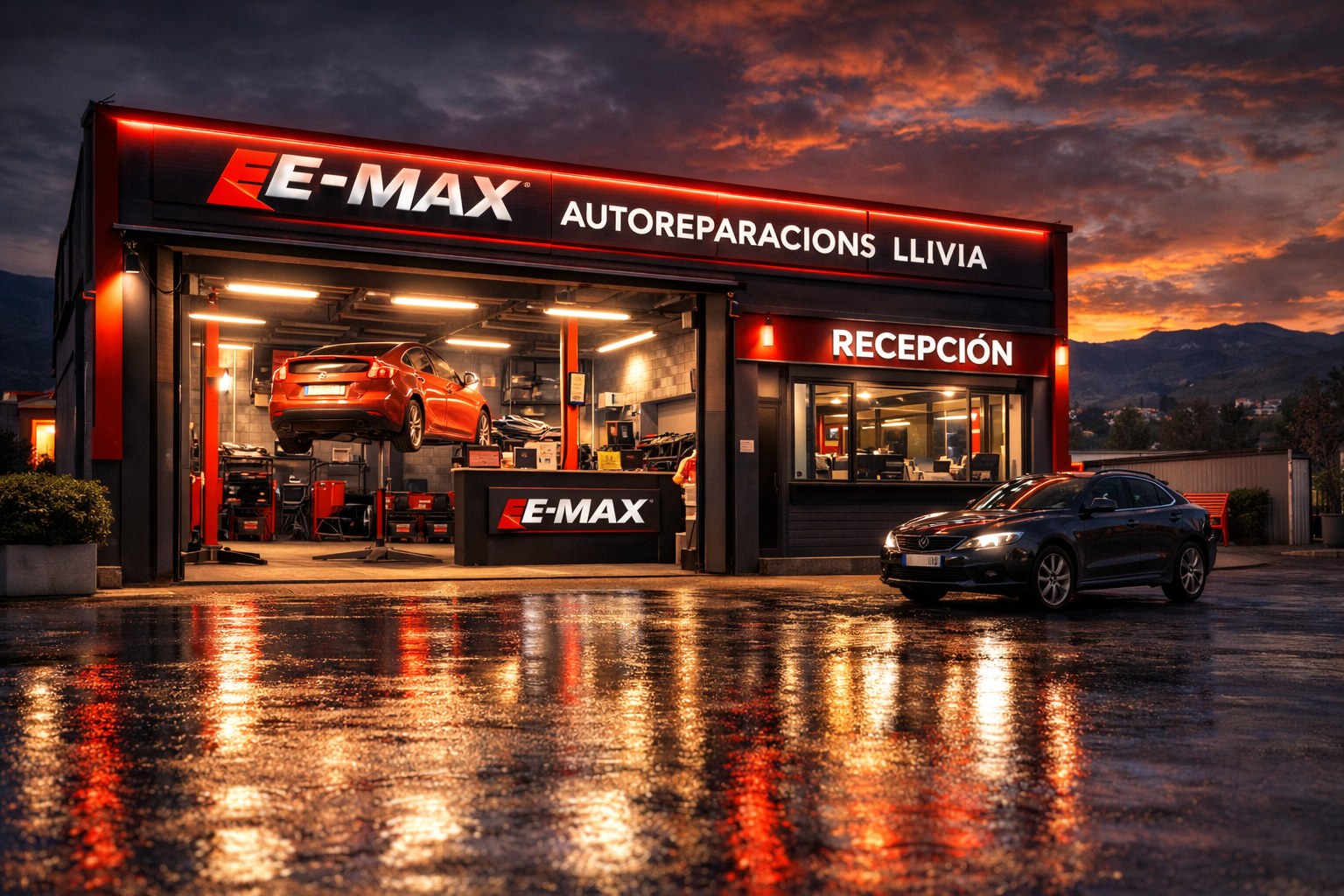 Visuel de marque du site E-MAX ; il ne s’agit pas d’une photographie vérifiée du garage.