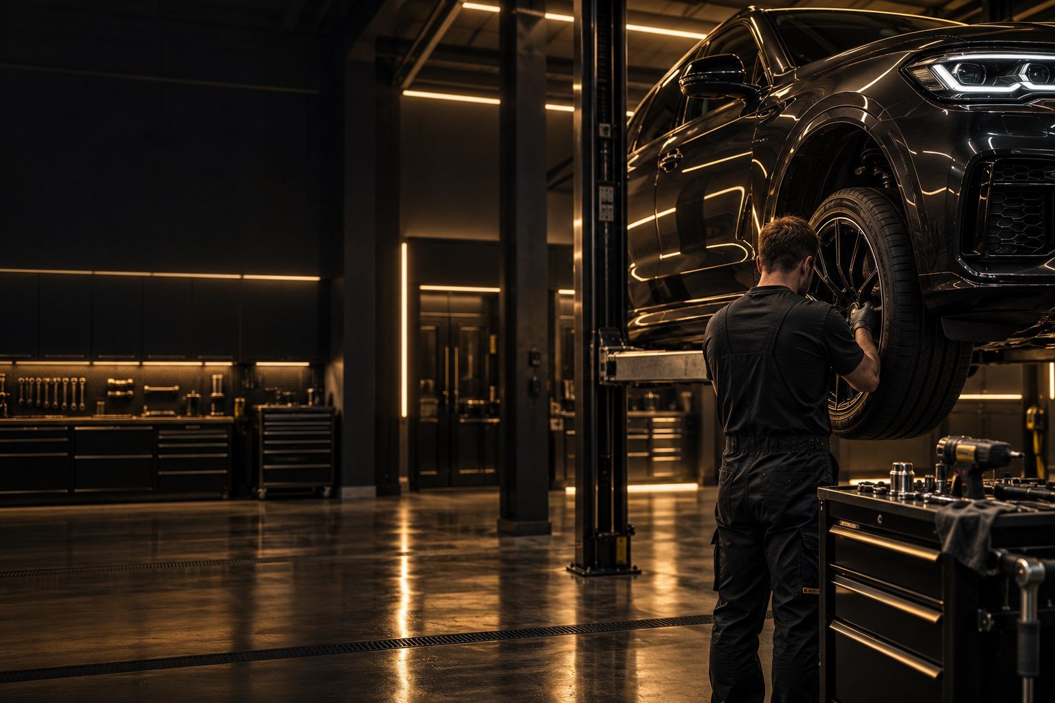 Ilustración generada de un taller con iluminación cálida; no es una fotografía del taller E-MAX.